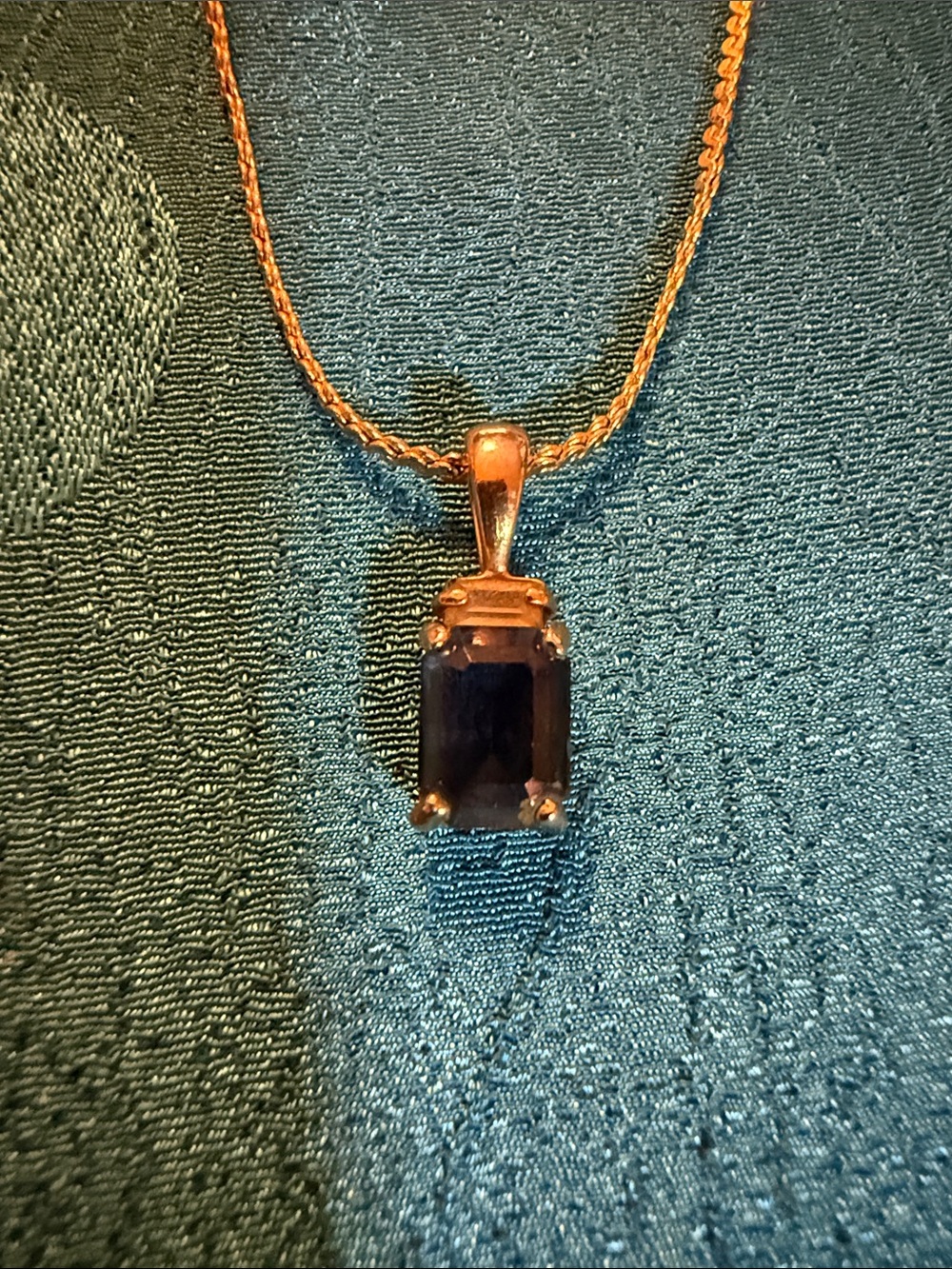 Gold Necklace with Deep Blue Emerald-Cut Pendant